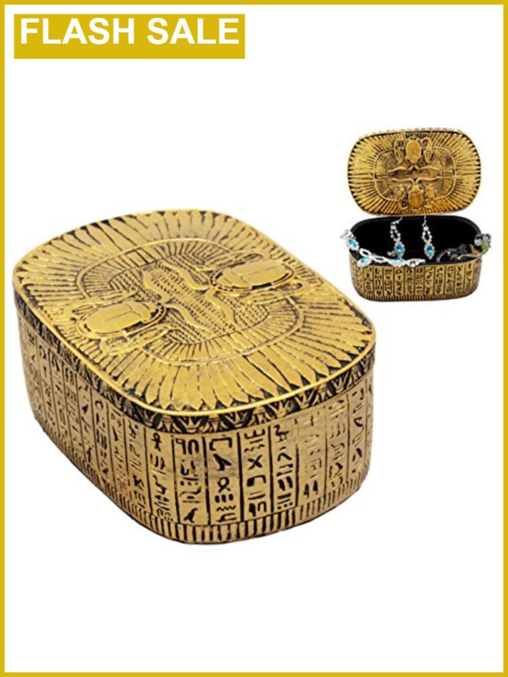 Egyptian Winged Scarab Amulet Jewelry Box Trinket Box Resin Golden Accent